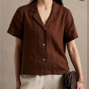 Quince Women's Top Chocolate 100% European Linen Short Sleeve Shirt Size XL
